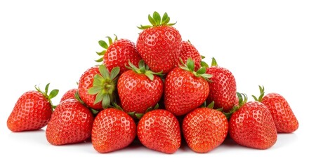 Vibrant red strawberries piled neatly, showcasing their freshness and natural beauty. Isolated on a clean white background.