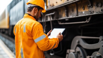 Worker using tablet to monitor train operations railway station industrial scene urban environment close-up view technology and safety insights