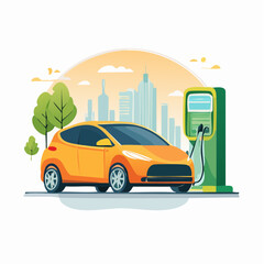 Orange Electric Car Charging At Charging Station In Cityscape