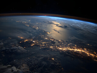 Earth View at Night with City Lights and Atmospheric Haze
