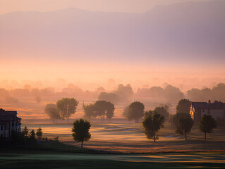 Sunrise Over Golf Course with Fog and Mountains at Dawn