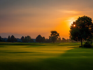 Scenic Green Golf Course with Vibrant Orange Sunset Sky