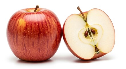 Fresh red apple and a half-cut apple revealing seeds, isolated on a white background. Healthy fruit concept.