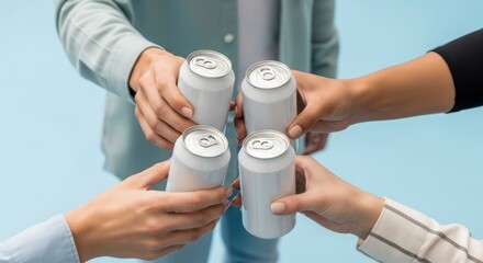 Four diverse hands clinking white beverage cans in a celebratory toast against a light blue background, symbolizing friendship and togetherness.