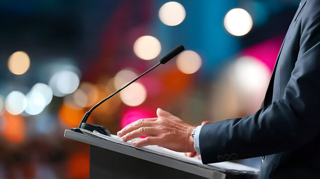 Professional Close Up Podium Speech Presentation With Bokeh Background. Ai Generated Images