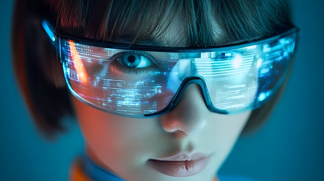 Futuristic Face with Holographic Display Glasses Visualizing Data Streams. Ai Generated Images