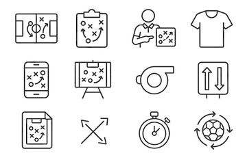 Soccer strategy icons: tactics, coach, whistle, timer, formation, clipboard, shirt