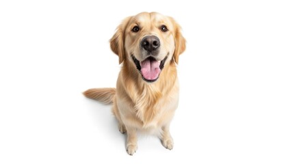 A cheerful Golden Retriever dog sitting and smiling happily at the camera with its tongue out, isolated on a clean white background.