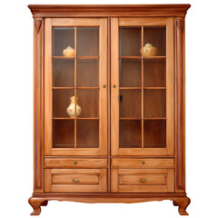 Antique wooden display cabinet with glass doors and drawers, showcasing decorative vases and ornaments, isolated on transparent background