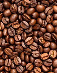 Fototapeta premium Close-up view of a rich, brown collection of coffee beans, showcasing their texture and details.