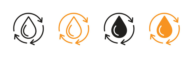 Fototapeta premium Clean, modern icons featuring drops and circulation arrows, symbolizing fluid cycles, sustainability, and resource management for diverse business and environmental projects.