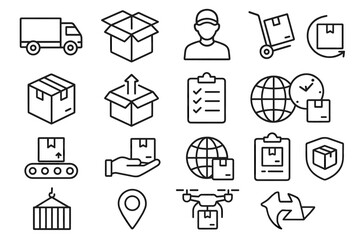 Logistics and delivery icons set featuring boxes, cart, drone, and package symbols