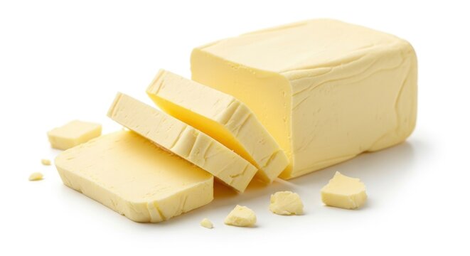 Fresh block of butter with slices and small pieces, isolated on a white background. Perfect for cooking, baking, or breakfast spreads.