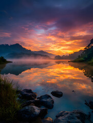 Scenic Lake Reflecting Vibrant Sunrise Hues and Misty Mountains