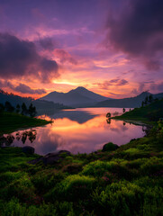 Majestic Mountain Lake at Sunset with Violet Sky Reflection