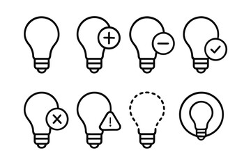 Naklejka premium Set of light bulb icons for ideas, solutions, and warnings in minimalist style