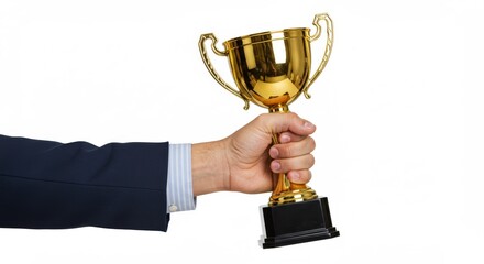 Businessmans Hand in a Suit Triumphantly Hoisting a Gleaming Gold Trophy Cup.