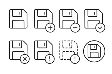 Set of eight floppy disk icons with various symbols for digital interface