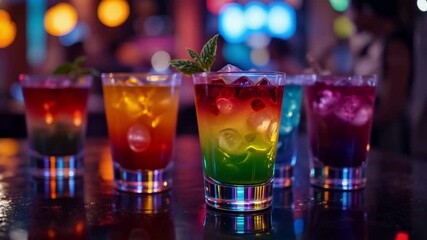 Close up of colorful cocktails with ice and mint garnish on a bar with bokeh lights