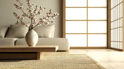 Japandi style living room detail low wooden coffee table vase with cherry blossoms natural fiber rug blurred sofa shoji screen background serene minimalism (Interior Design)