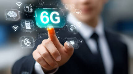 Conceptual Business Man Touching Futuristic 6G Technology Network Connection Interface. Ai Generated Images