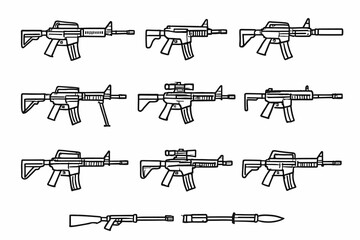 Various assault rifles and weapon illustrations in detailed outline forms
