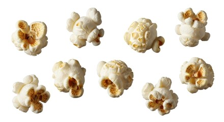Fluffy, individual popcorn pieces isolated on a white background. Perfect for snack, movie night, or food-related designs.