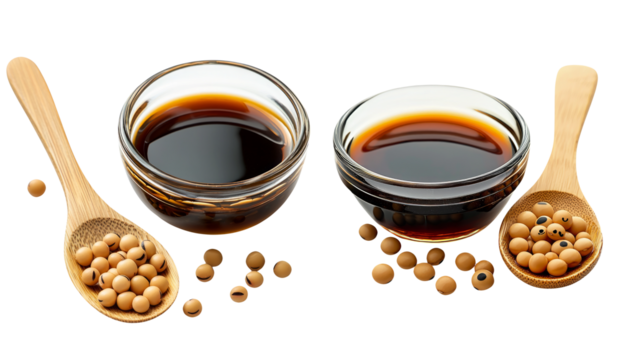 Soy sauce in small bowls with wooden spoons and soybeans on white background