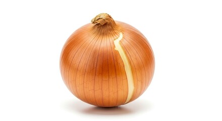 A fresh, whole brown onion with its papery skin, isolated on a white background. Essential ingredient for cooking and healthy eating.