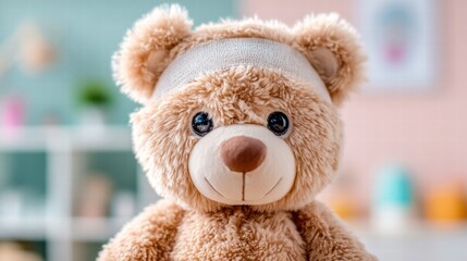 Obraz premium A cute teddy bear with a bandage, representing care and recovery.