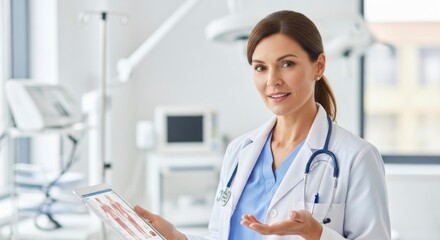 A confident female doctor in a white coat and stethoscope holds a tablet with an anatomical diagram, smiling in a modern medical setting.