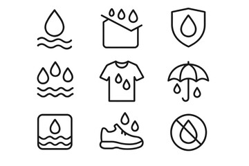 Waterproof icon set: clothing, footwear, umbrella, water protection symbols