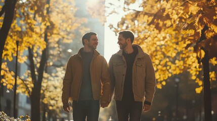 Gay couple holding hands and walking in a park during autumn
