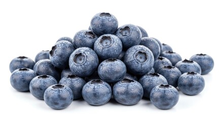 A vibrant pile of fresh, ripe blueberries with glistening water droplets, isolated on a clean white background. Healthy and delicious.