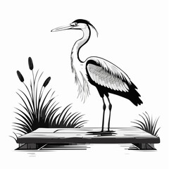 Great Heron Standing on a Wooden Board in a Serene Nature Scene Vector Illustration