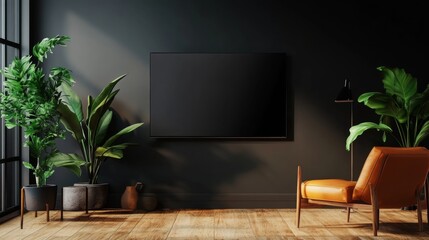 Modern living room design with tv and plants cozy home space interior decor stylish environment wide angle contemporary aesthetics
