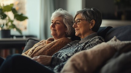 senior lesbian couple  relaxing together on sofa at home