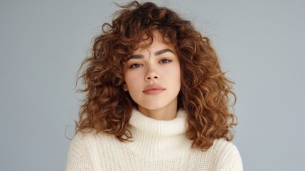 Beautiful young woman with curly hair wearing a cozy sweater, posing against a neutral backdrop, showcasing natural beauty and modern fashion style