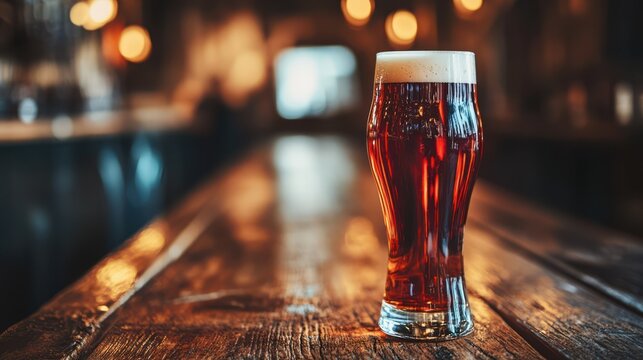 Glass of cold beer sitting on bar counter in pub