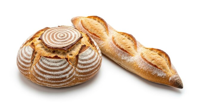 Freshly baked artisanal sourdough loaf and crispy baguette on a white background, showcasing golden crusts and rustic textures. Perfect for food co...