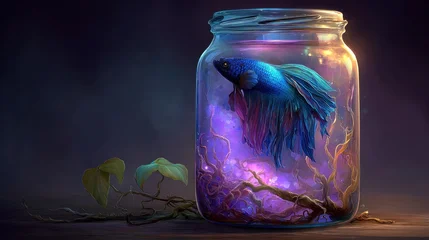 Handdoek met foto Meisjeskamer A vibrant blue fish in a glass jar, ethereal glow  © Leony