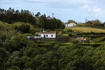 Green hills and traditional white houses in Azores islands Portugal
