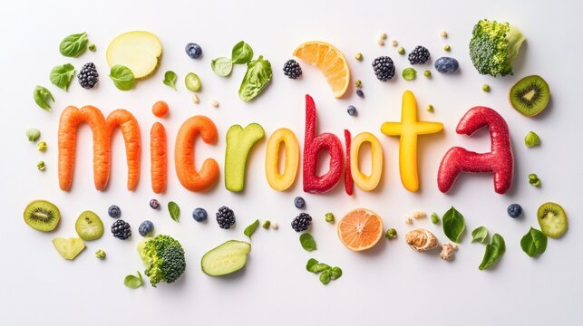 Colorful vegetables and fruits spelling microbiota promoting healthy eating habits