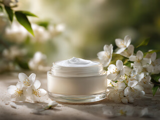 Moisturizing cream surrounded by delicate white flowers.