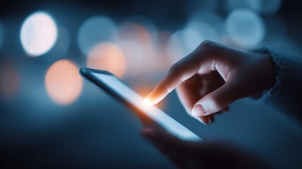 Finger touching a smartphone screen, highlighting digital interaction with a cool toned aesthetic.