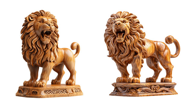 Carved Wooden Lion Statues with Intricate Details and Realistic Expressions