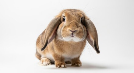 A charming lop-eared rabbit with soft brown fur and long floppy ears sits calmly on a white background, looking directly at the camera.