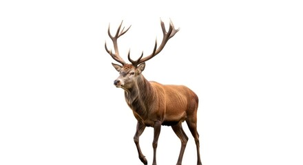 Fototapeta premium Majestic red deer stag with impressive antlers, isolated on a clean white background. A powerful symbol of wildlife and nature.