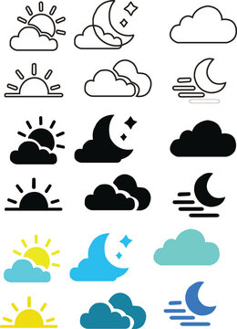 Weather icons representing various conditions such as sun, rain, snow, and clouds in a minimalistic design. Weather icons for web. Forecast weather flat symbols. Pictogram vector icons.