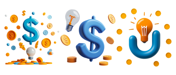 Colorful financial symbols representing money, ideas, and innovation themes